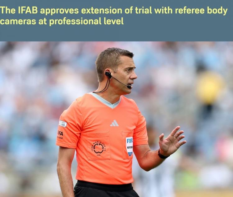 FIFA：裁判佩戴身体摄像机的试验扩展至全球赛事
